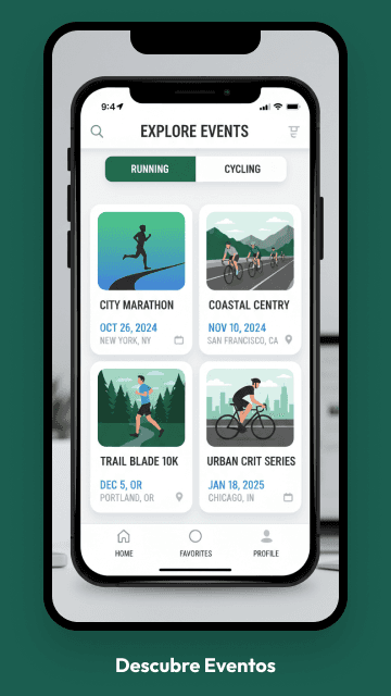 Pantalla de la app de corredores: explorar y descubrir eventos