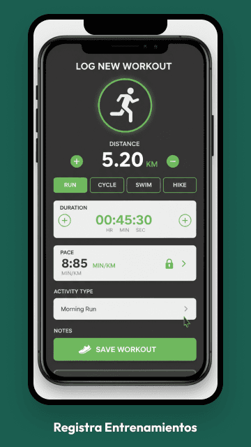 Pantalla de la app de corredores: registrar un entrenamiento