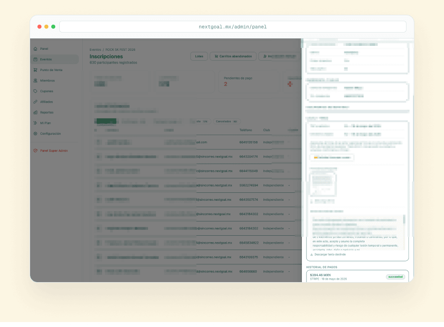 Lista de inscripciones de un evento con filtros y estado de pago de cada corredor